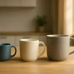 Trois récipients pour boissons, illustrant la différence tasse et mug : un petit bleu, un beige moyen, et un grand gris moucheté.