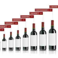 Comparaison des tailles de bouteille de vin cl, du Piccolo (0,2L) au Melchisédech (30L), avec leurs noms bibliques.
