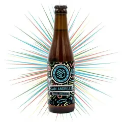 Bouteille de bière San Andreas West Coast IPA, avec un design explosif et coloré.
