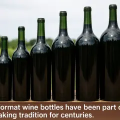 Six bouteilles de vin de tailles différentes, du plus petit au plus grand, alignées sur une table en bois. La taille bouteille varie, montrant l'évolution des contenants.