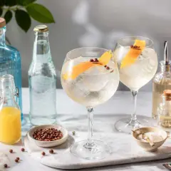 Deux cocktails martini blanc tonic, glacés et garnis d'écorce d'orange, prêts à être dégustés.