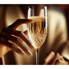 Une main élégante tient une coupe de champagne pétillante, évoquant le plaisir et la célébration. C'est pourquoi on trinque : pour savourer ces instants précieux.
