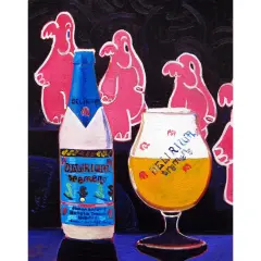 Une bière Delirium Tremens, avec ses éléphants roses en arrière-plan, prête à être dégustée.