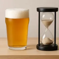 Un verre de bière dorée avec une mousse épaisse à côté d'un sablier. Le temps s'écoule, attention au taux d'alcoolémie.
