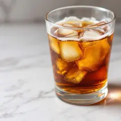 Verre de boisson ambrée avec des glaçons, une boisson rafraîchissante qui peut masquer le tableau taux de sucre dans l'alcool.