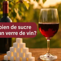 Une pyramide de morceaux de sucre à côté d'un verre de vin rouge et d'une bouteille, avec le texte "Combien de sucre dans un verre de vin?".
