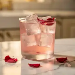 Un délicieux martini rosé, rafraîchi par des glaçons et orné de pétales de rose, sur un comptoir en marbre.