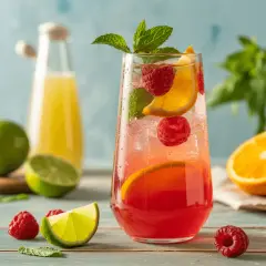 Un verre de boisson rose vif garni de framboises, d'orange et de menthe, avec des citrons verts et une bouteille de jus en arrière-plan. Un équilibre parfait entre le **sweet and sour**.