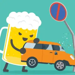 Une chope de bière, symbole d'un taux d'alcoolémie élevé, percute une voiture contre un panneau d'interdiction de stationner.
