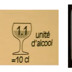 Étiquette de vin indiquant 13% vol et 1.1 unité d'alcool pour 10 cl. Une bouteille affiche 1.6 unité d'alcool.