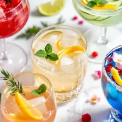 Cinq cocktails colorés, garniture de fruits et menthe, prêts pour une fête. Un cocktail 5 alcool pour tous les goûts.