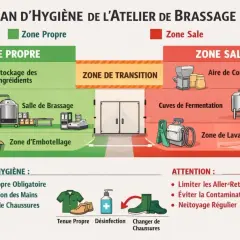 Plan d'hygiène d'un atelier de brassage : zones propres (stockage, salle de brassage, embouteillage) et sales (concassage, cuves de fermentation, lavage), avec règles d'hygiène pour la bière à fermentation haute.