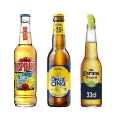 Trois bouteilles de bière : Desperados Lime, Clara Deux Cinq et Corona Sunset. La Desperados a un twist bière citron.