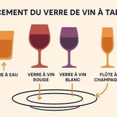Disposition des verres à table : verre à eau, verre à vin rouge, verre à vin blanc et flûte à champagne.