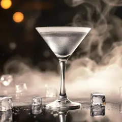 Un verre de martini vodka givré, entouré de glaçons et de fumée, ambiance feutrée.