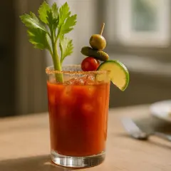 Un Bloody Mary bien garni, avec céleri, olive, cornichon, tomate cerise et quartier de citron vert. Un délice pour le brunch.