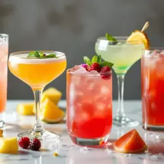 Cinq cocktails colorés, parfaits pour un cocktail été, garnissent la table avec des fruits frais et de la glace.