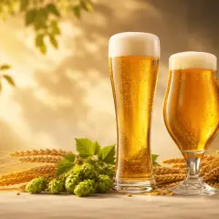 Trois verres de bière dorée, mousseuse, entourés d'épis de blé et de houblon. Les ingrédients de la base de la bière, baignés d'une lumière chaude.