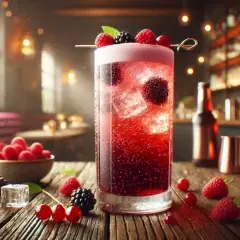 Un cocktail bière pétillant aux fruits rouges, garni de framboises et mûres, sur une table en bois.