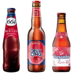 Trois bières peu alcoolisées : 1664 Fruits Rouges, Monaco Deux Cinq et Hoegaarden Rosée.