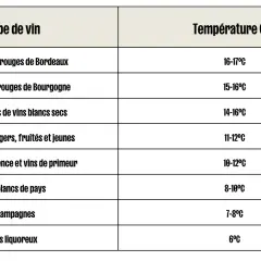 Tableau indiquant la température idéale en cave à vin pour différents types de vins, du Bordeaux aux vins liquoreux.