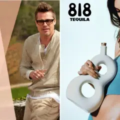 Bouteille de vin rosé Miraval, Brad Pitt avec un verre, et une bouteille de tequila 818. Le vin de Georges Clooney est aussi présent.