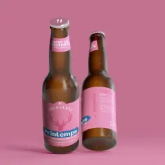Deux bouteilles de bière artisanale "Printemps" de Volcelest, une blonde légère aux parfums floraux, parfaite pour les beaux jours.