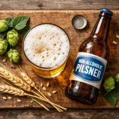 Bière sans alcool Pilsner, avec houblon et blé. Une option légère pour savourer sans se soucier des calories.