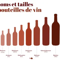 Illustration des noms et tailles des bouteilles de vin, du Piccolo (0.2 L) au Melchisédech (30 L), incluant la bouteille de 3 litres nommée Jéroboam.