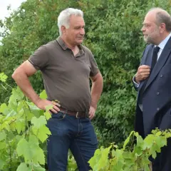 Deux hommes discutent au milieu des vignes du Clos de la Roilette. L'un porte un polo marron et jean, l'autre un costume sombre.