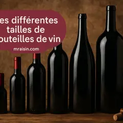 Cinq bouteilles de vin noir de tailles différentes, du plus petit au plus grand, présentées en ordre. Des grappes de raisin et un tire-bouchon complètent la scène.
