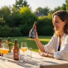 Une femme souriante tient une bouteille de bière Tourtel Twist, prête à partager un moment convivial en terrasse.