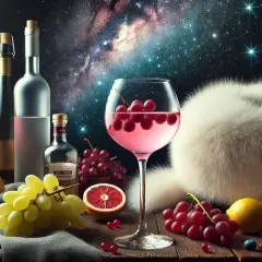 Un cocktail rosé avec des raisins, du vin blanc, de la vodka et des fruits, sur fond de ciel étoilé.