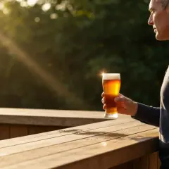 Un homme tient un verre de bière ambrée, éclairé par le soleil. La question est : est ce que la bière sans alcool fait grossir ?