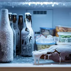 Bouteilles de bière gelées dans un congélateur. La température est si basse que la bière est recouverte de givre et une bouteille est fissurée par le froid.