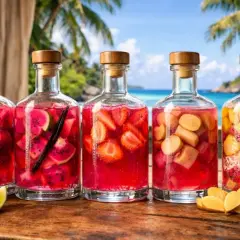 Cinq bouteilles de **cocktail rhum fraise ananas** infusé de fruits tropicaux, sur fond de plage paradisiaque.