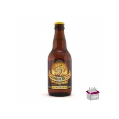 Bouteille de bière Grimbergen Blonde, 6.7% vol. Un carton de 24 est visible à droite.
