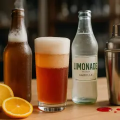 Un verre de monaco pétillant, une bière, une limonade gazeuse, des citrons et un shaker sur un bar en bois.
