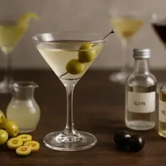 Un dry martini cocktail, garni de deux olives, prêt à être dégusté. Des bouteilles de gin et de vermouth sont à proximité.