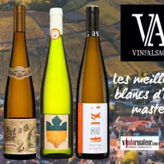 Quatre bouteilles de vin d'Alsace, dont un Albert Boxler Sylvaner, sur fond de vignobles.