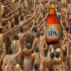 Une foule tend les bras vers une bière IPA sans alcool, comme si c'était une offrande.