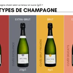 Quatre bouteilles de champagne Bausser, chacune avec une contenance bouteille champagne différente en sucre : Nature (0g/L), Extra-Brut (2.5g/L), Brut (8g/L) et Demi-Sec (34g/L).