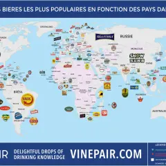 Carte des bières les plus populaires par pays. Bud Light est la bière la plus consommée au monde, visible aux États-Unis.