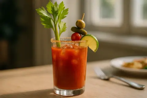 Un Bloody Mary bien garni, avec céleri, olive, cornichon, tomate cerise et quartier de citron vert. Un délice pour le brunch.