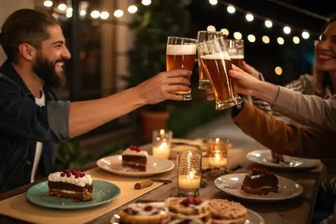 Un groupe d'amis trinque avec des bières belges lors d'une soirée conviviale, éclairée par des guirlandes lumineuses et des bougies.