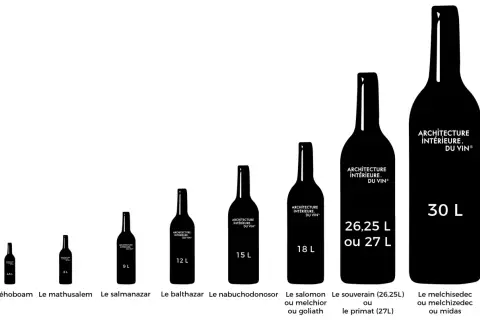 Comparaison de la taille bouteille vin : du Réhoboam (4,5L) au Melchisedec (30L), une collection impressionnante.