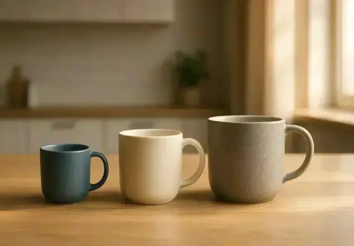 Trois récipients pour boissons, illustrant la différence tasse et mug : un petit bleu, un beige moyen, et un grand gris moucheté.