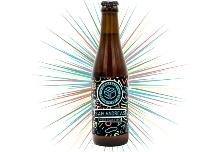 Bouteille de bière San Andreas West Coast IPA, avec un design explosif et coloré.