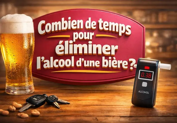 Un verre de bière, des clés de voiture et un éthylotest. Le message interroge sur le temps d'élimination de l'alcool.