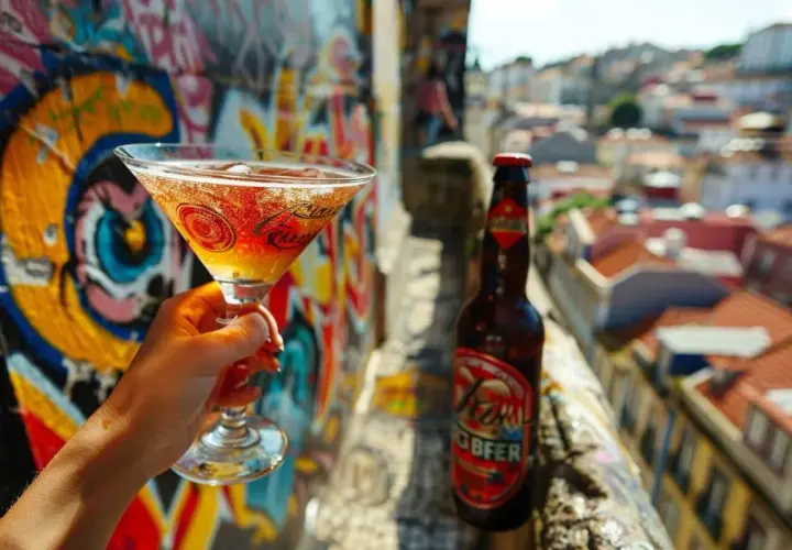 Une main tient un verre à martini pétillant, à côté d'une bouteille de bière, sur fond de graffitis colorés et d'une ville ensoleillée.